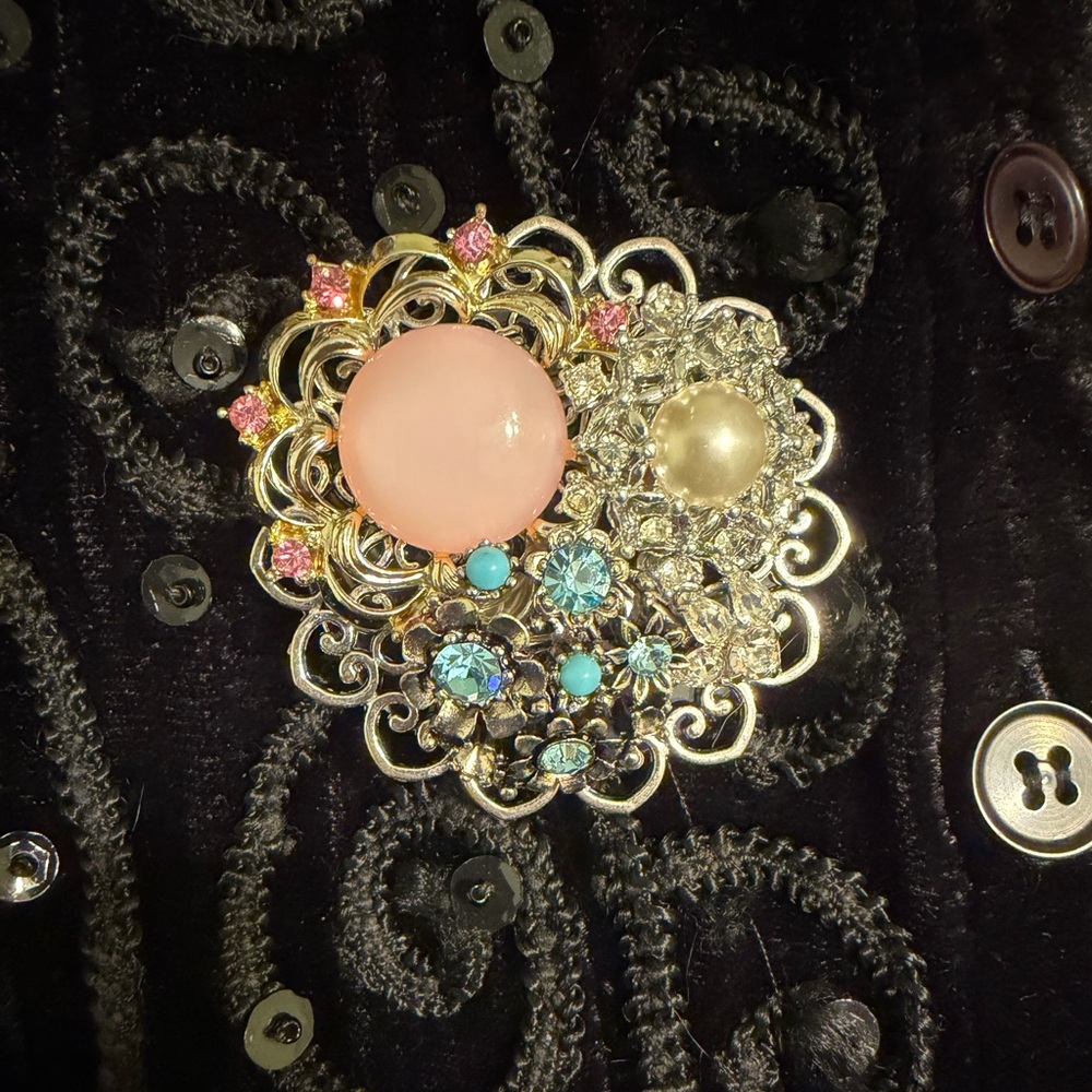 OOAK Elegant Floral Multicolor Brooch Pin - Pink, Turquoise & Pearl Accent